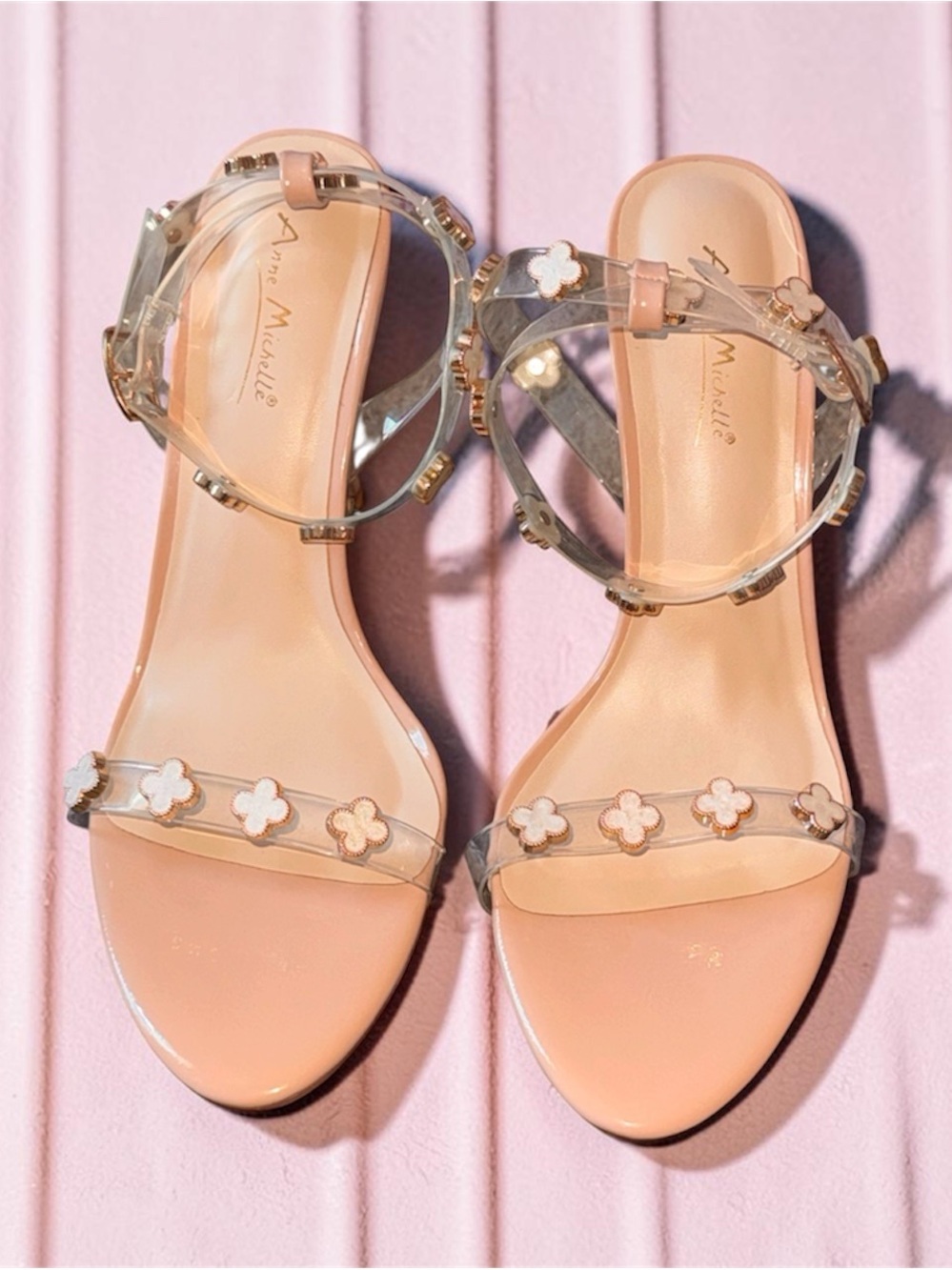 Anne Michelle Nude Pink (NUDPT)  Clear Strap Sandals with Clover Accents
